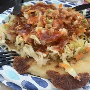 Cheese pupusa and pork&amp;cheese pupusa under all the fixings