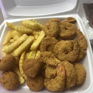 Shrimp, fries, hush puppies