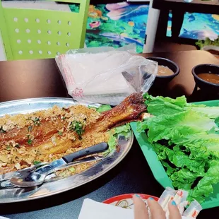 Deep fried catfish with all the fixings. "Ca nuong da gion"