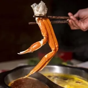 a person dipping a crab into a hot pot