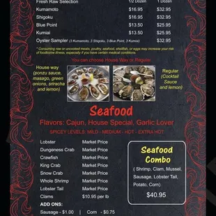 Oyster and seafood menu