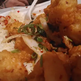 Salt and pepper shrimp over rice