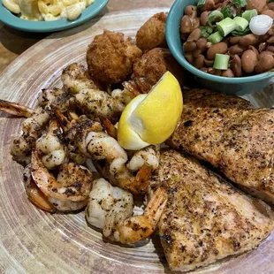 Grilled Salmon &amp; Shrimp Beans and rice Mac and cheese