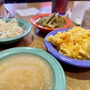Applesauce, Mac and Cheese, green beans, Coleslaw