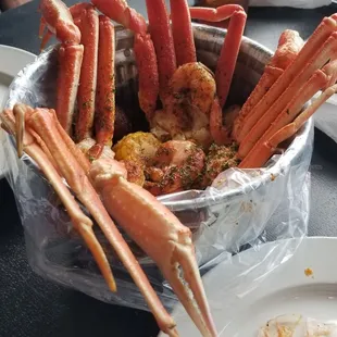 crab legs and claws in a bowl