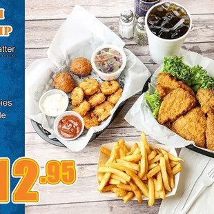 two baskets of fried fish and fries