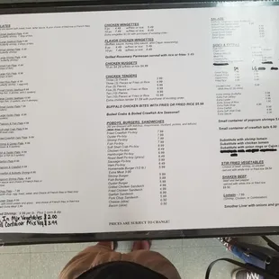 the menu of the restaurant