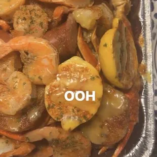 shrimp, potatoes, and potatoes