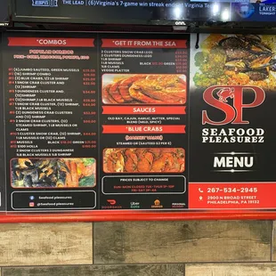 a menu for seafood pleasurez