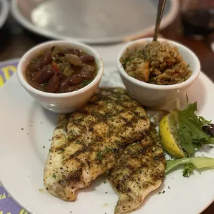 Grilled hogfish (omg to die for !!) with jambalaya and red beans and rice sides