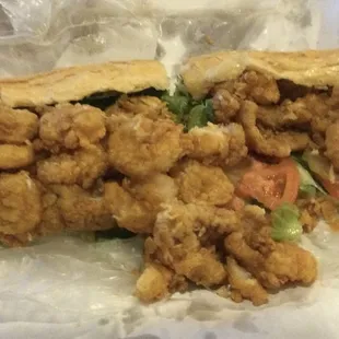 Overloaded catfish and shrimp poboy.