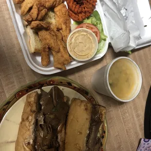 Catfish plate, Corn and crab soup, Large roast beef poboy