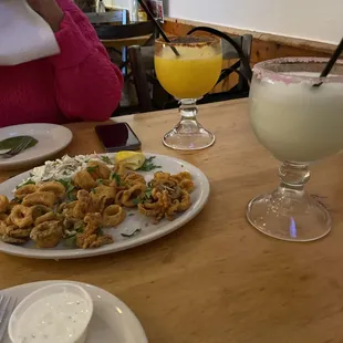 Fried Calamari w/ fried jalapeños Mango Margarita and Original Margarita