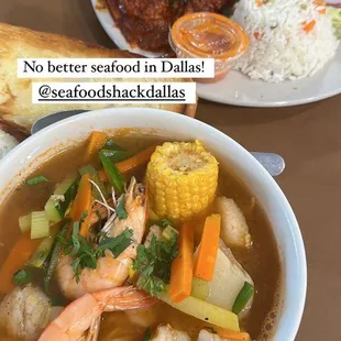 a bowl of soup and a plate of rice