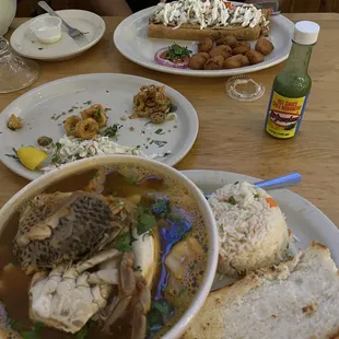 Caldo de Mariscos (Seafood Soup), Toast, Rice Devoured Fried Calamari and Fried Jalapeños Shrimp Flautas with Fried Corn Nuggets