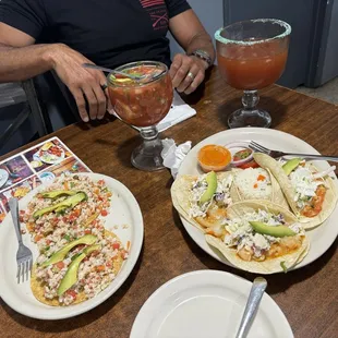Michelada fish tacos, shrimp cocktail
