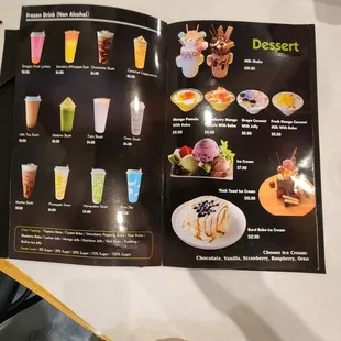 a menu for desserts and drinks