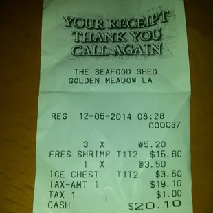 $5.20 for 10-15 count shrimp as of December 05, 2015.   Foam chest costs $3.50