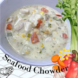 Our Seafood Chowder is sold by the pint in our frozen entree freezer.