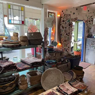 Eclectic woven baskets and tapestries.