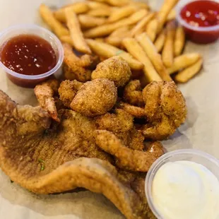 Mixed Fried Combo Platter; fried catfish, shrimp, hush puppies, and fries