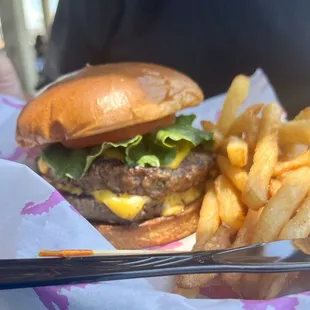 a hamburger and fries