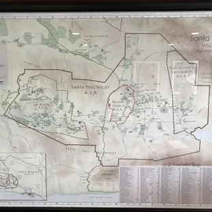 Santa Ynez Valley vineyard map in upstairs group room.