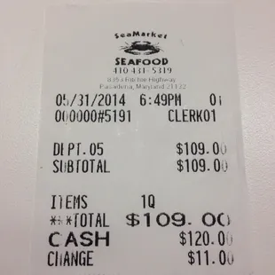 Half Bushel Male Large Blue Crabs Receipt