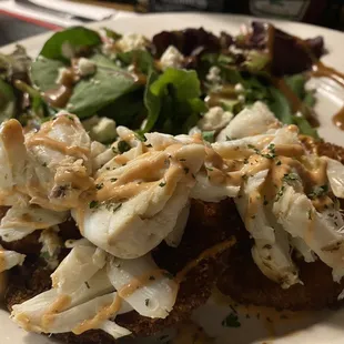 Fried green tomatoes (w jumbo lump crab) MP tonight was $21, would prefer an option sans the crab. NOTE: comes w a sufficient bit of greens