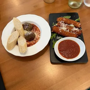 Meatballs and mozzarella sticks