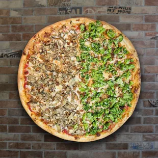 a pizza with broccoli and mushrooms