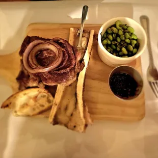 Cowboy Ribeye,  bone marrow, chili/lime edamame and bacon jam