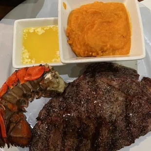 tonight&apos;s special: 10oz ribeye, lobster tail, sweet potato putter...amazing!!