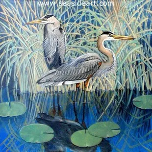 A Passing Breeze is an original oil painting by Lee Mims. The large work of art features two blue herons.