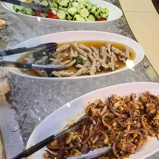 Lettuce salad, cucumber salad, chicken feet, squid