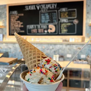 Waffle cone, bowl... why not both?  Seaside Creamery, Long Beach. Double the deliciousness awaits!