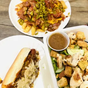 All beef hot dog with everything, Death by Fries and Chef&apos;s salad with grilled chicken