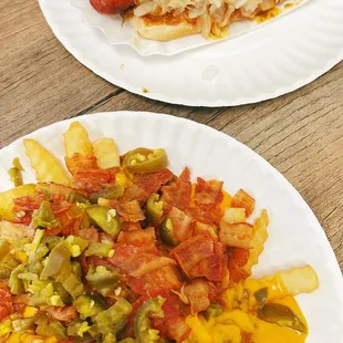 Death by fries and All beef hot dog with &quot;everything&quot; minus the mustard