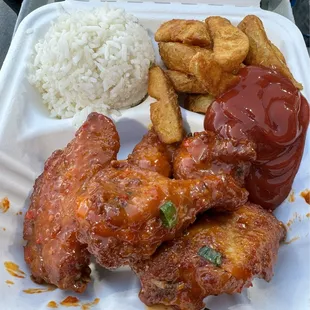 Sweet chili wings with rice and potatoes (double carbs)!