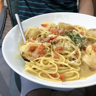 Shrimp and scallops over linguine... Delicious!