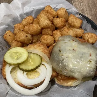 Pub burger with pepper jack &amp; tots