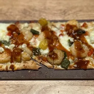 Chipotle BBQ Shrimp Flatbread w/grilled pineapple, feta cheese, wood-grilled poblano peppers