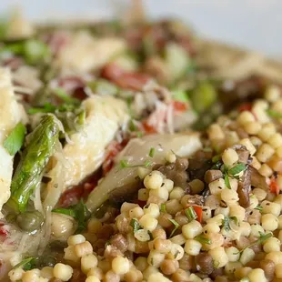 Alaskan Halibut and Asparagus Saute w/ Italian cous-cous