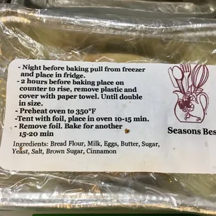 Take-n-bake instructions for the cinnamon rolls in the freezer
