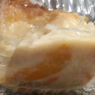 A side/underside view of the peach cobbler (disappointing)