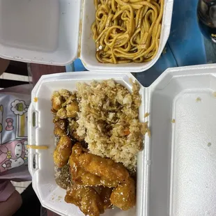 Honey chicken, rice, and noodles