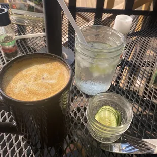 Cucumber water with a Anti Inflammatory delicious drink with a shot of espresso to wake me up.