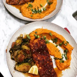 Salmon with Chef Tasha's sweet chili sauce + sautéed brussels and bacon + mashed sweet potatoes