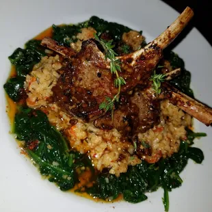 Garlic Thyme Butter Lamb Chops, Creamy Crawfish Risotto, Roasted Garlic Spinach