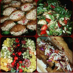 Roasted Red Pepper Chicken Salad Crossaints, Fresh Garden Salad, Fresh Fruit, Deep Fried Eggplant Poboys